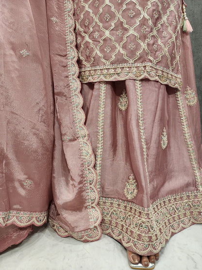 KISMAT EMBROIDERED ONION PINK SKIRT WITH LONG KURTI AND DUPATTA