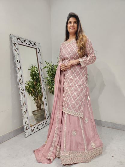 KISMAT EMBROIDERED ONION PINK SKIRT WITH LONG KURTI AND DUPATTA