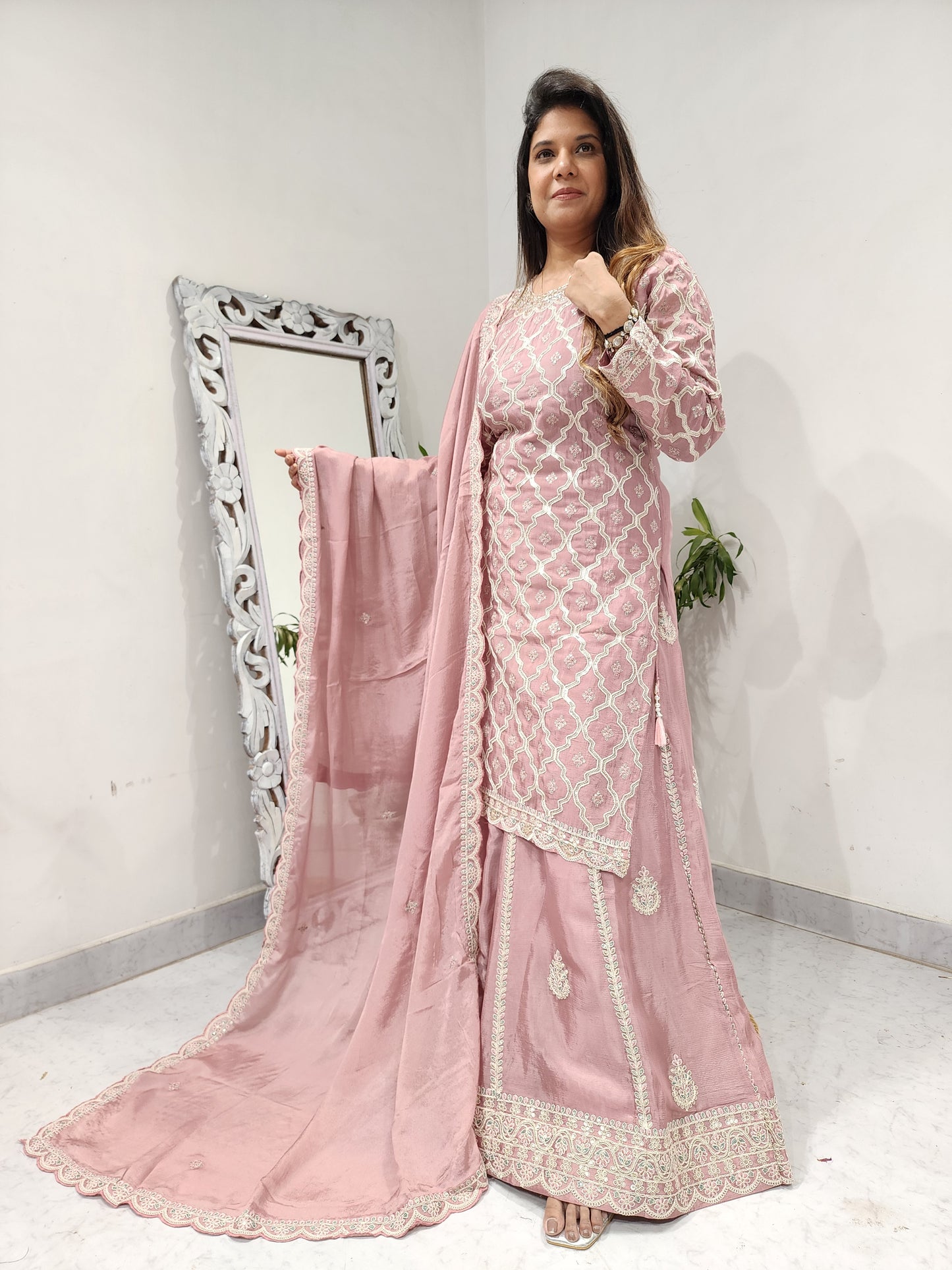 KISMAT EMBROIDERED ONION PINK SKIRT WITH LONG KURTI AND DUPATTA