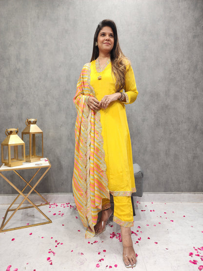 SHEHNAZ MANGO YELLOW ANARKALI SUIT WITH LEHERIYA DUPATTA