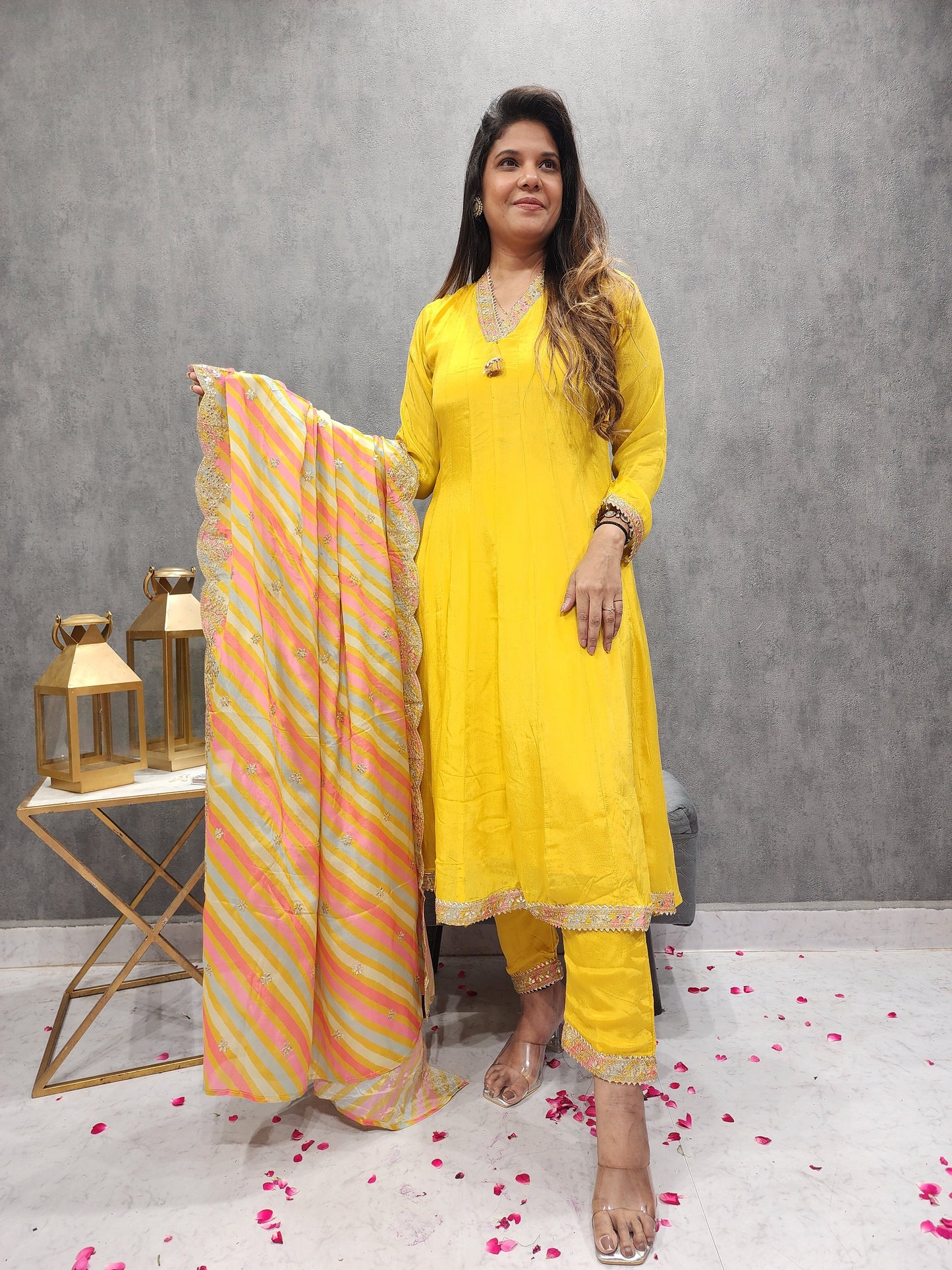 SHEHNAZ MANGO YELLOW ANARKALI SUIT WITH LEHERIYA DUPATTA