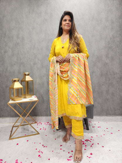 SHEHNAZ MANGO YELLOW ANARKALI SUIT WITH LEHERIYA DUPATTA