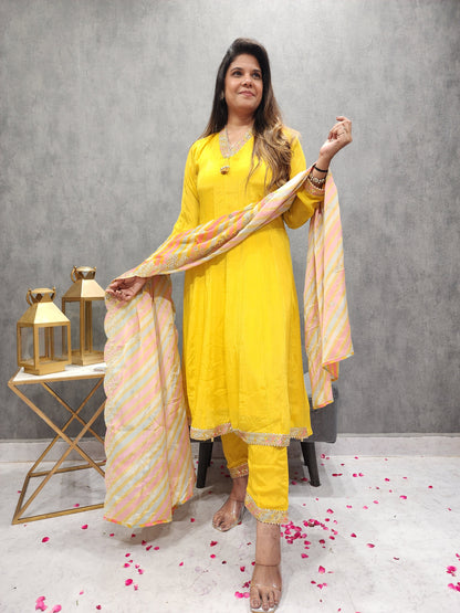 SHEHNAZ MANGO YELLOW ANARKALI SUIT WITH LEHERIYA DUPATTA