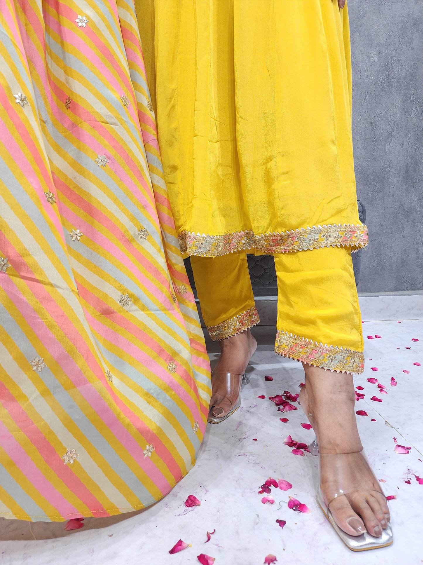 SHEHNAZ MANGO YELLOW ANARKALI SUIT WITH LEHERIYA DUPATTA