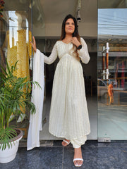 OFF WHITE SEQUENCE GEORGETTE AFGHANI NAYRA CUT ALIA NECK DRESS