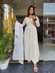 OFF WHITE SEQUENCE GEORGETTE AFGHANI NAYRA CUT ALIA NECK DRESS