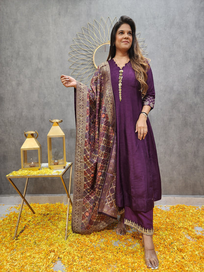 Wine anarkali suit with weaving dupatta