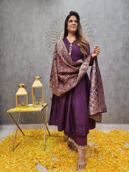 Wine anarkali suit with weaving dupatta