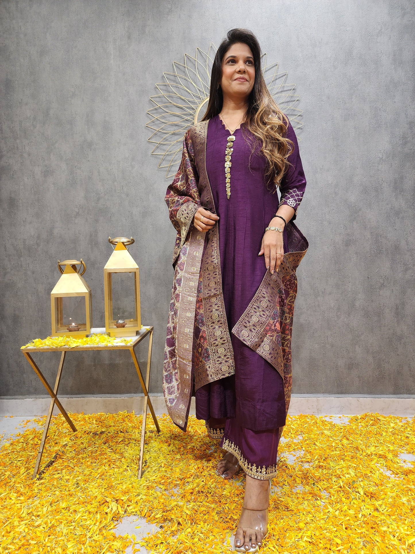 Wine anarkali suit with weaving dupatta