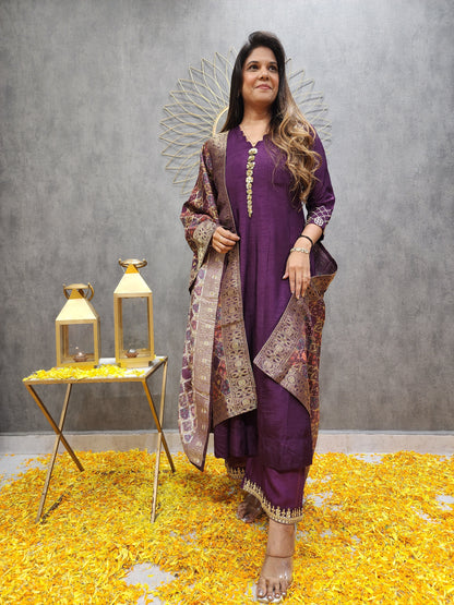 Wine anarkali suit with weaving dupatta