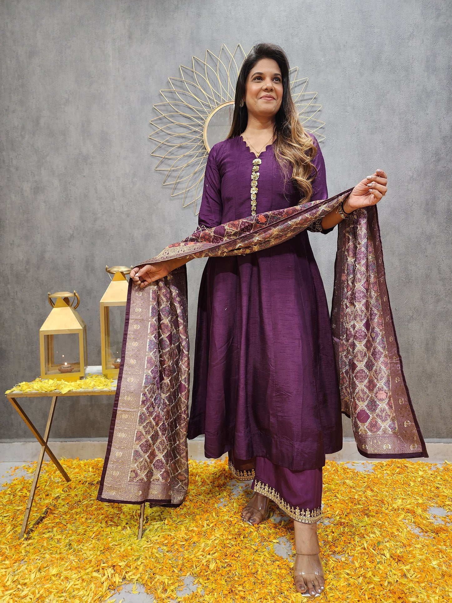 Wine anarkali suit with weaving dupatta