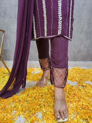 WINE EMBROIDED PANT SUIT WITH SHIFFON DUPATTA