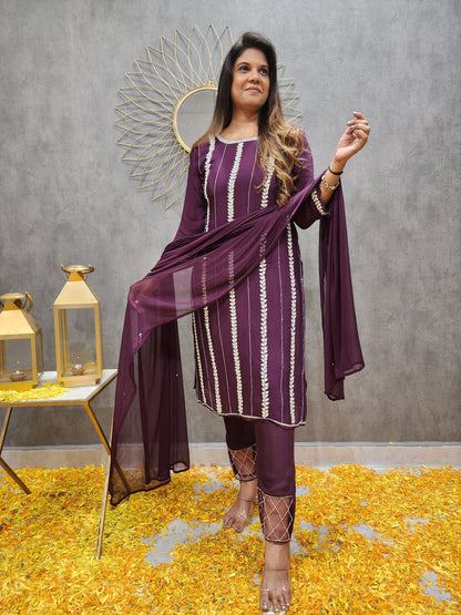 WINE EMBROIDED PANT SUIT WITH SHIFFON DUPATTA