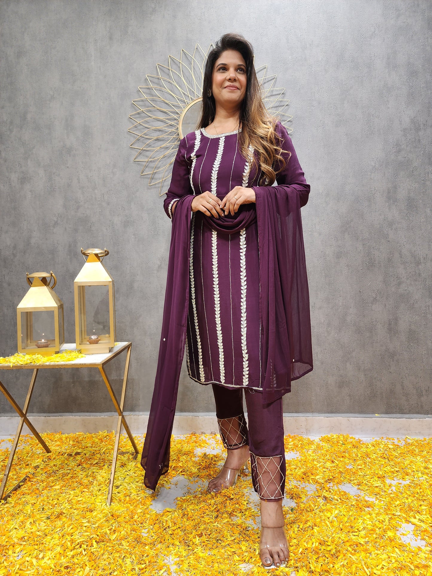 WINE EMBROIDED PANT SUIT WITH SHIFFON DUPATTA