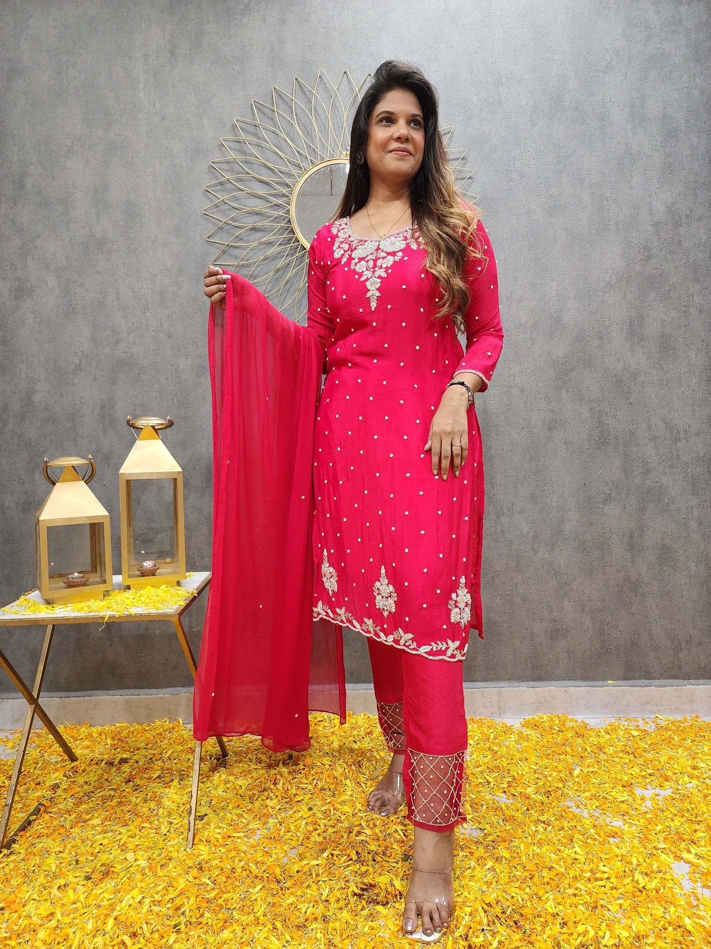 NUSRAT RED KARWA EMBROIDERED PANT SUIT