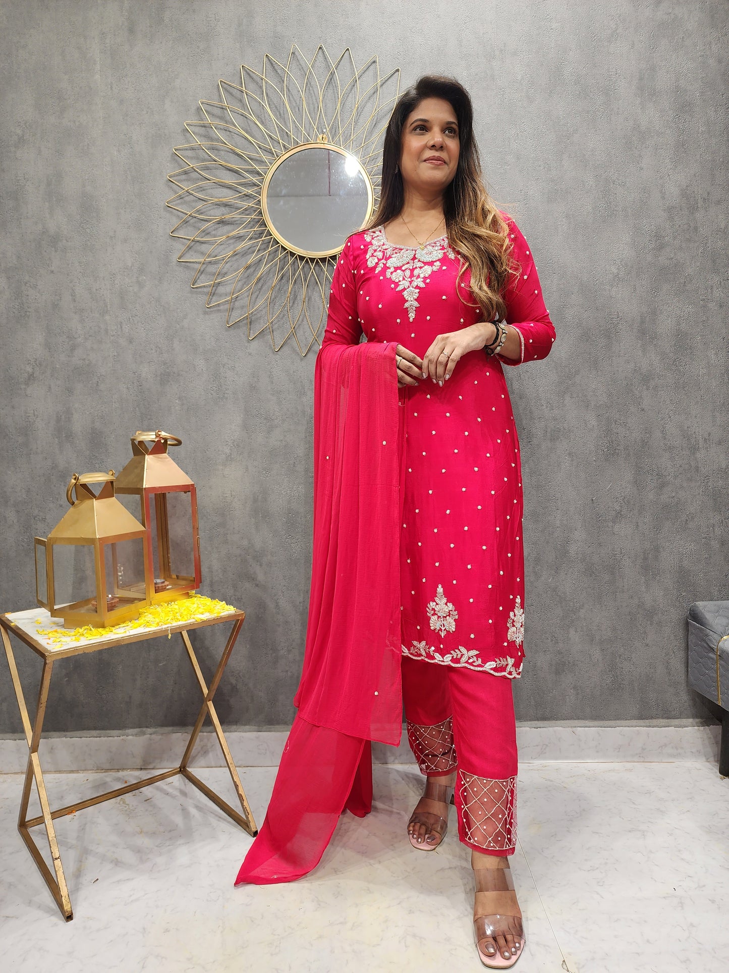 NUSRAT RED KARWA EMBROIDERED PANT SUIT