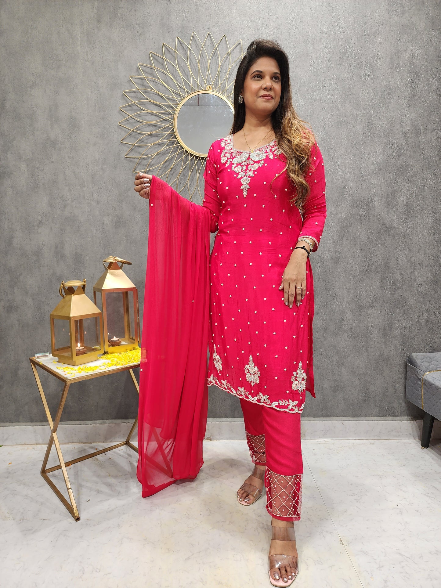 NUSRAT RED KARWA EMBROIDERED PANT SUIT