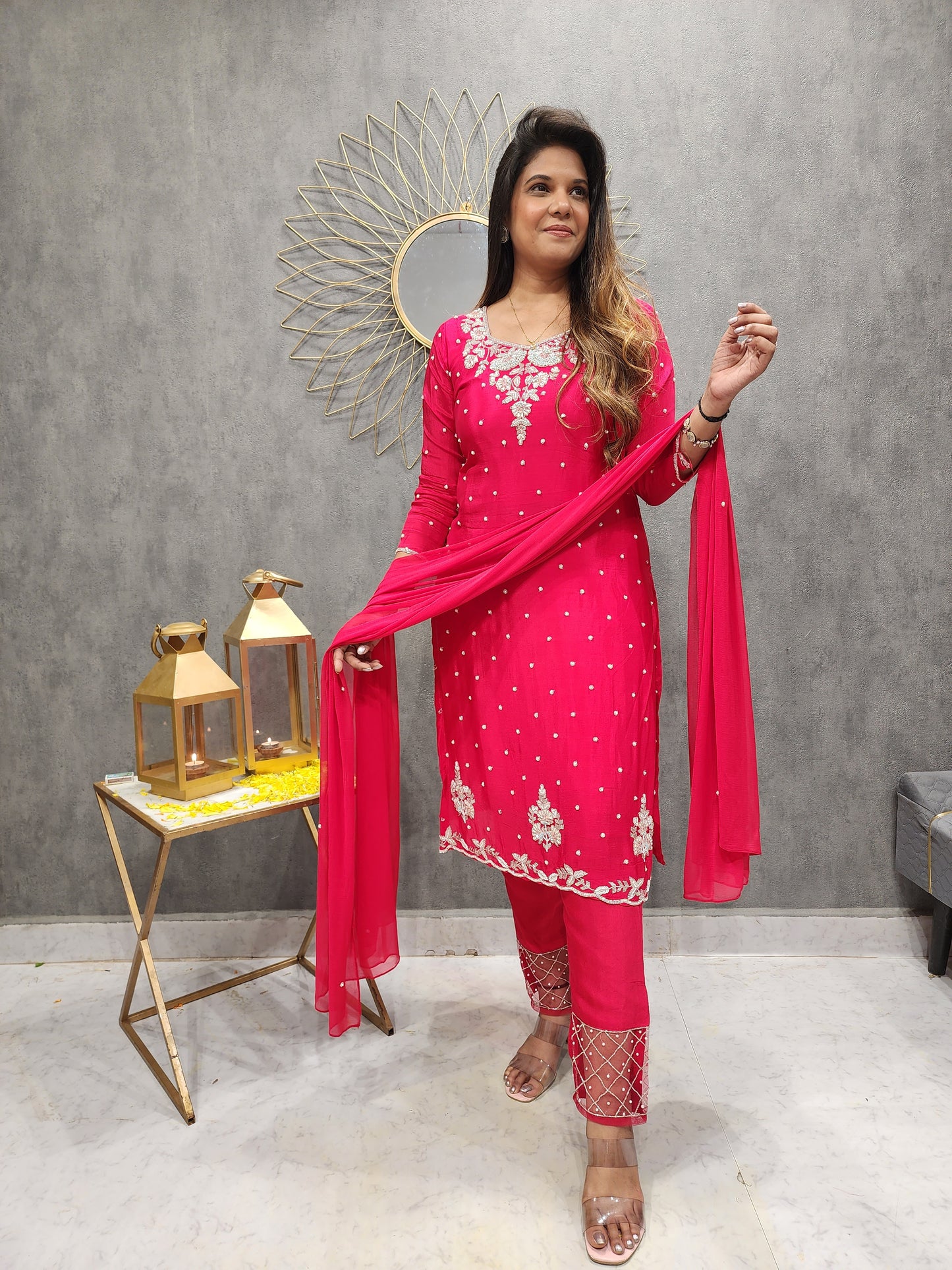 NUSRAT RED KARWA EMBROIDERED PANT SUIT