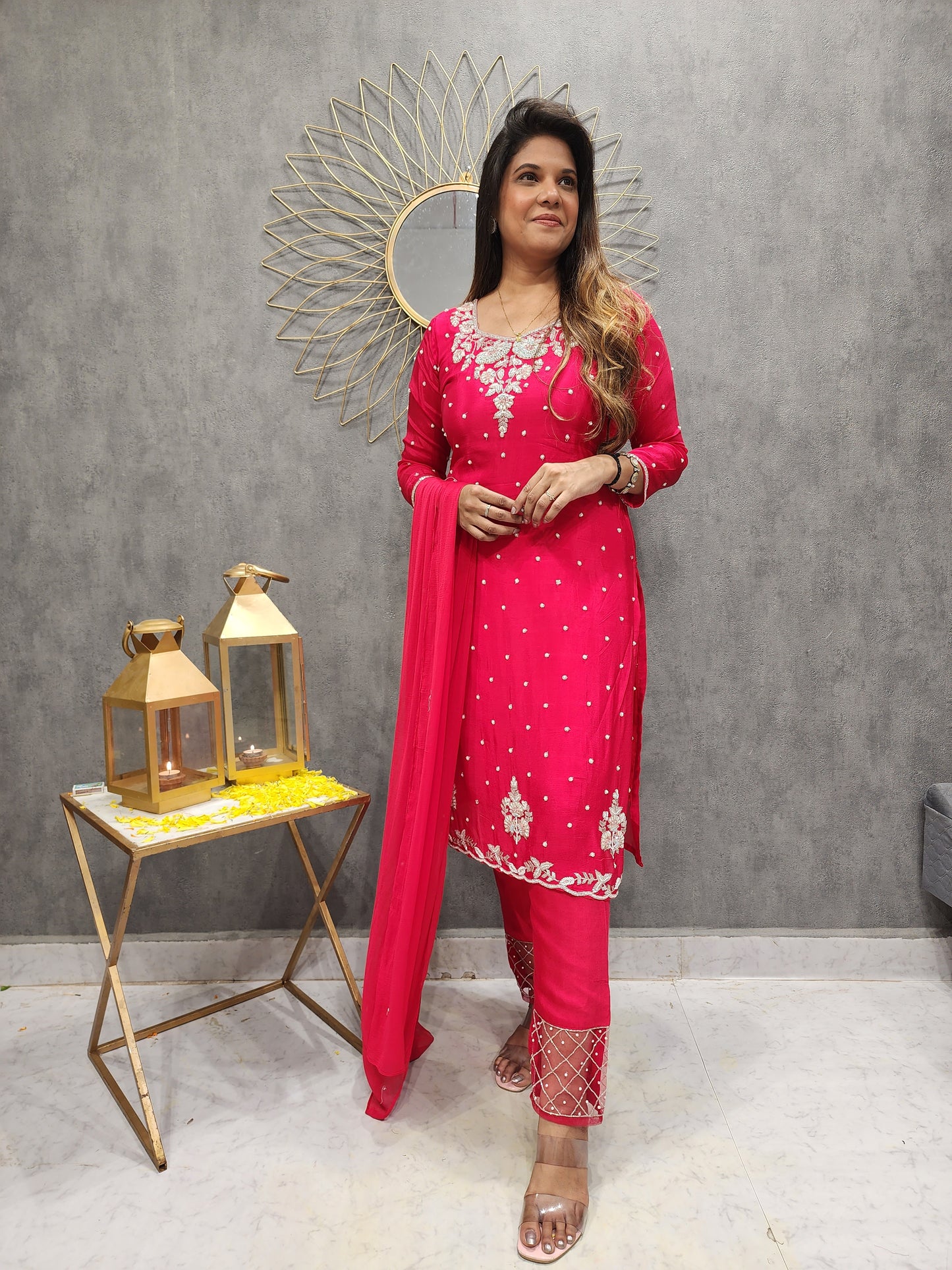 NUSRAT RED KARWA EMBROIDERED PANT SUIT