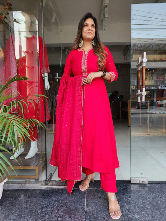 RUKSAAR RED HAND EMBROIDERED ANARKALI SUIT
