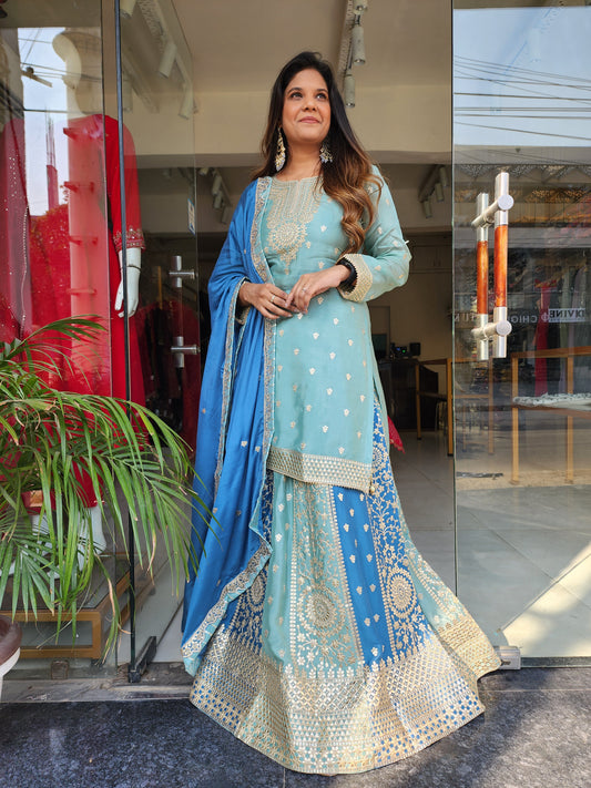 MEHER SHADES OF BLUE EMBROIDED 3PC INDOWESTERN SKIRT DRESS