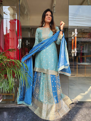 MEHER SHADES OF BLUE EMBROIDED 3PC INDOWESTERN SKIRT DRESS