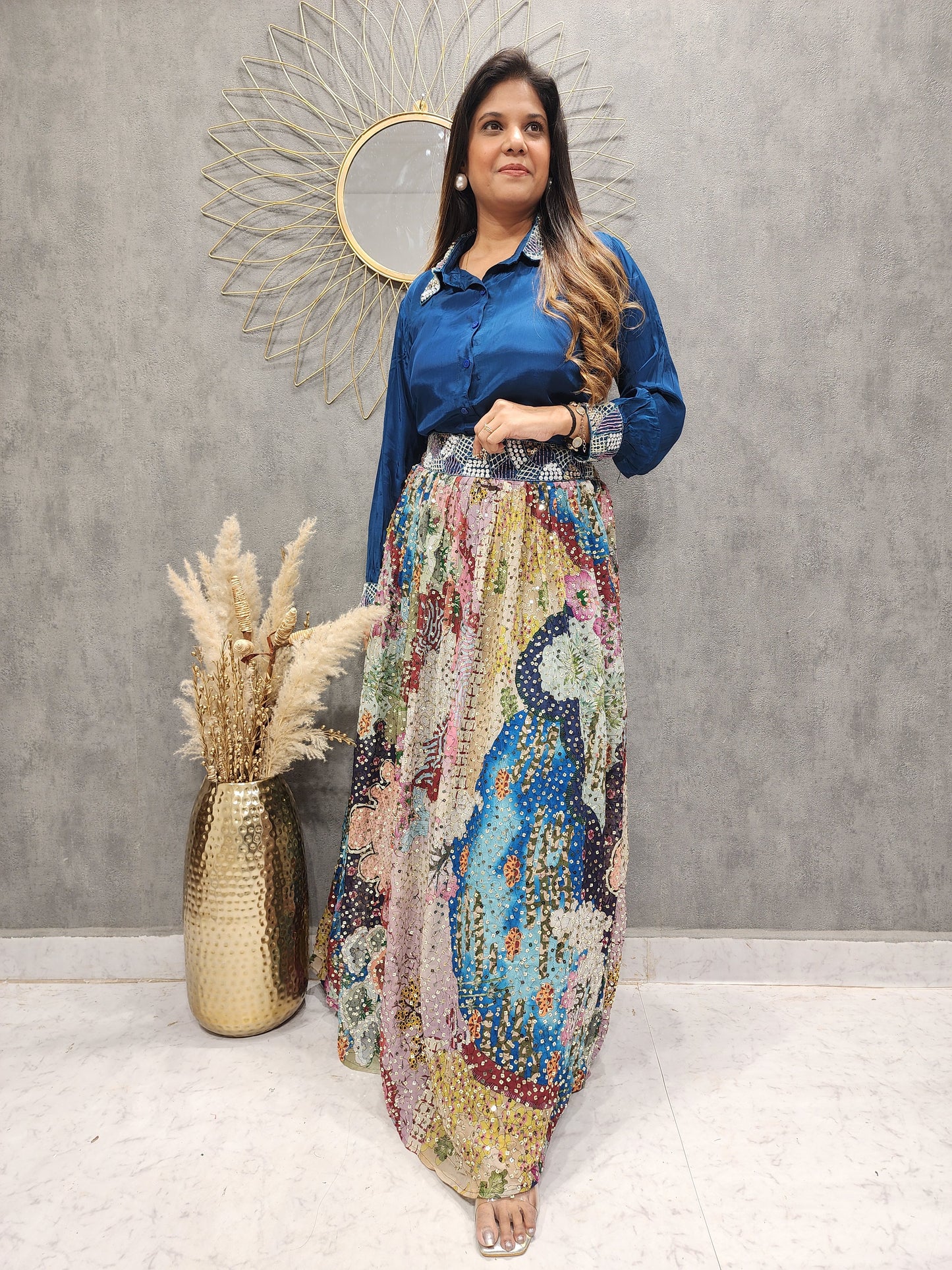 Teal blue sequence skirt with satin shirt indowestern dress