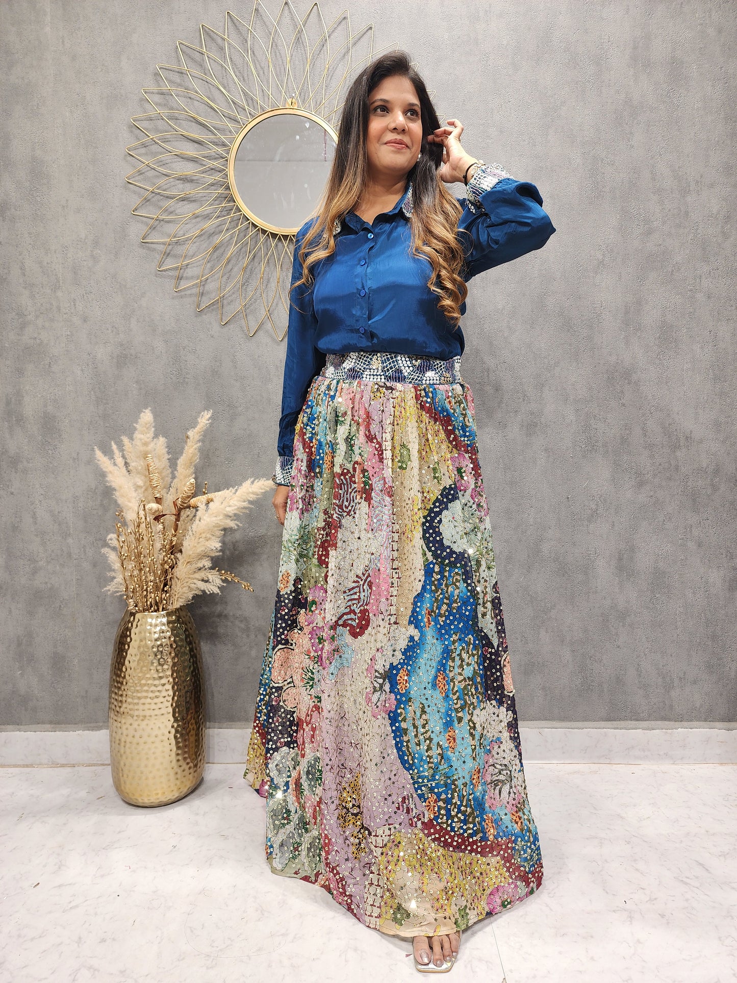 Teal blue sequence skirt with satin shirt indowestern dress