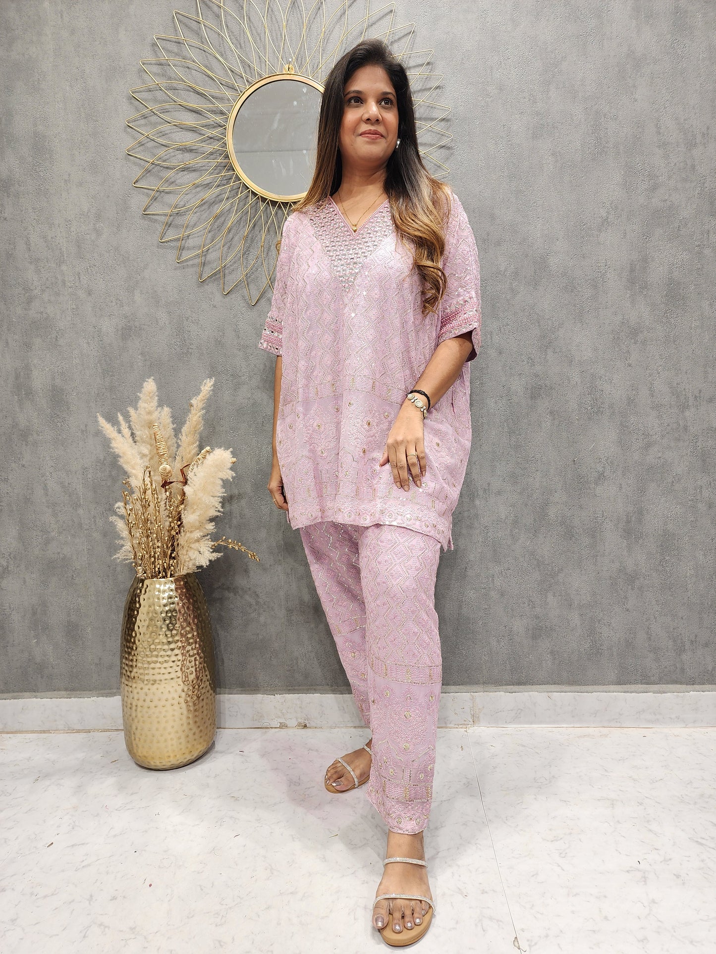 RAVISHING LILAC CHICKENKARI KAFTAAN CO-ORD SET