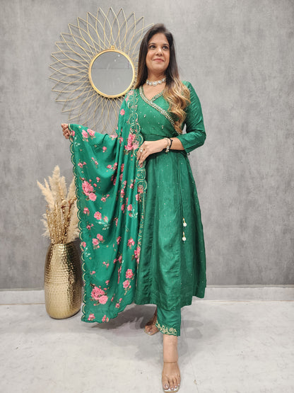 KARISHMA ANGRAKHA GREEN ANARKALI SUIT WITH FLORAL DUPATTA