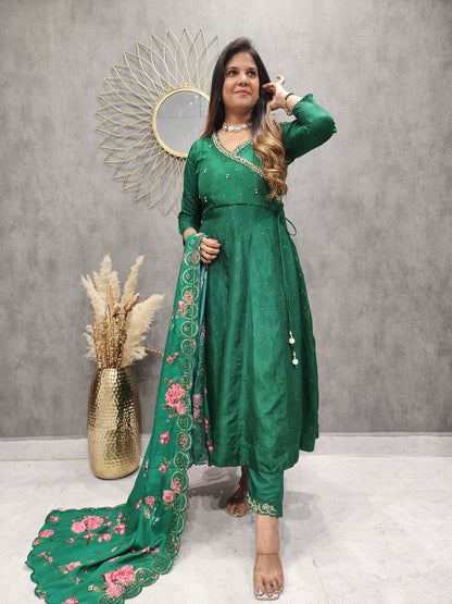 KARISHMA ANGRAKHA GREEN ANARKALI SUIT WITH FLORAL DUPATTA