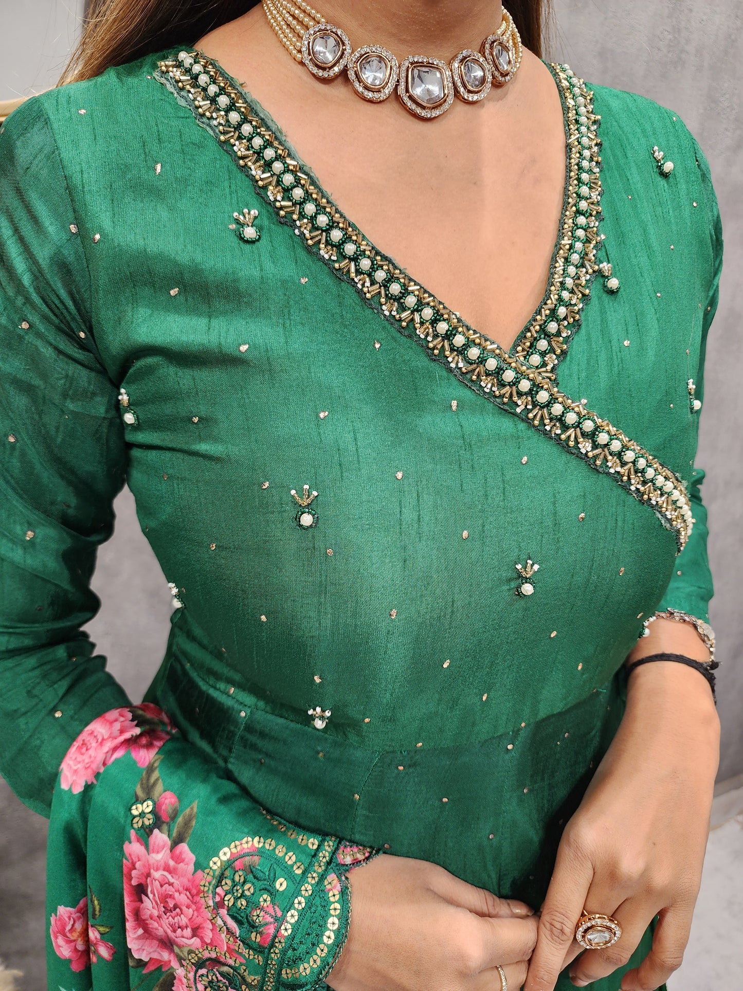 KARISHMA ANGRAKHA GREEN ANARKALI SUIT WITH FLORAL DUPATTA