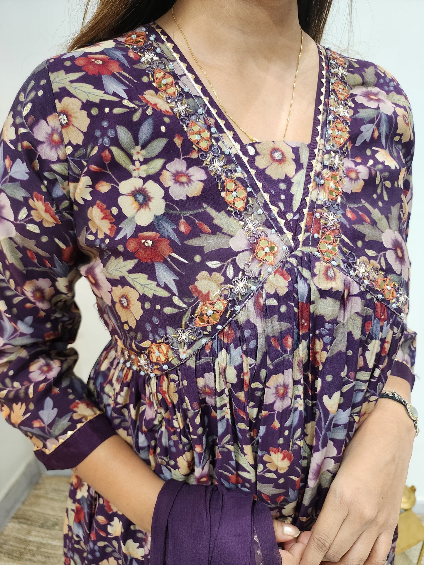 Purple floral nayra cut alia neck dress