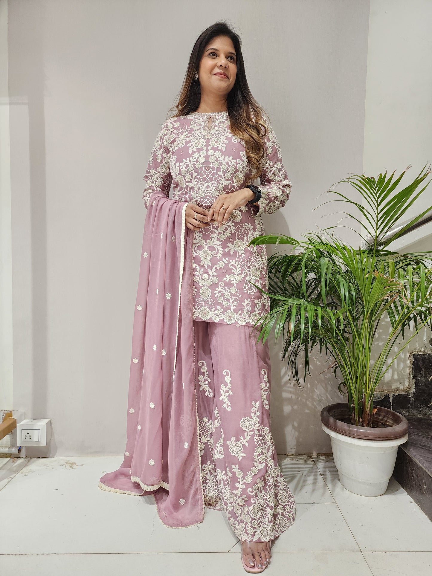 MEHER ONION PINK EMBROIDERED 3PC INDOWESTERN DRESS