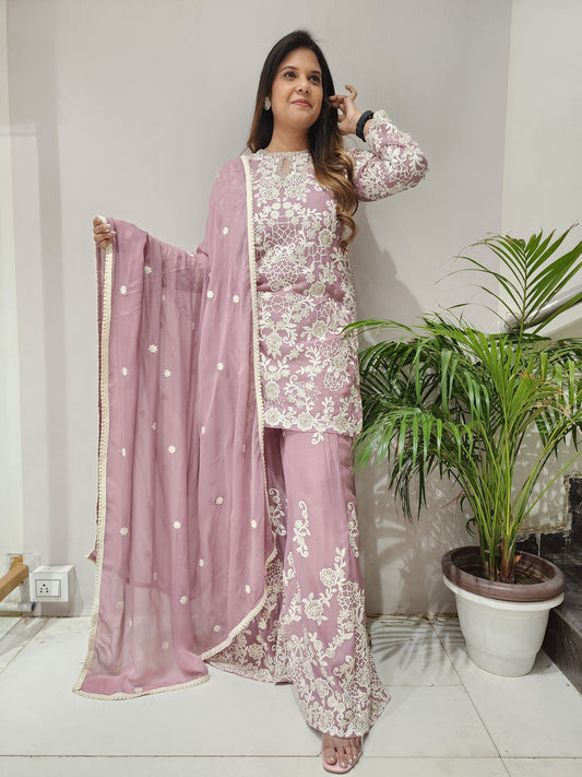 MEHER ONION PINK EMBROIDERED 3PC INDOWESTERN DRESS