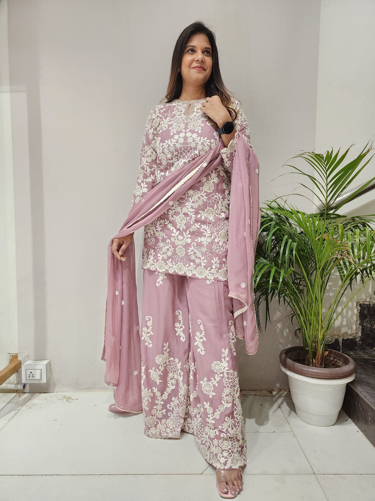 MEHER ONION PINK EMBROIDERED 3PC INDOWESTERN DRESS