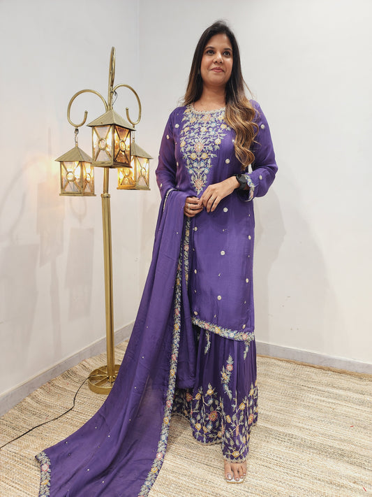 ARDAS PURPLE EMBROIDERED CHINON GARARA SET