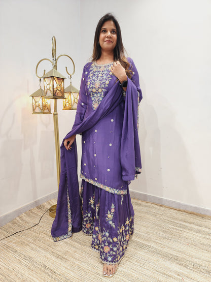 ARDAS PURPLE EMBROIDERED CHINON GARARA SET