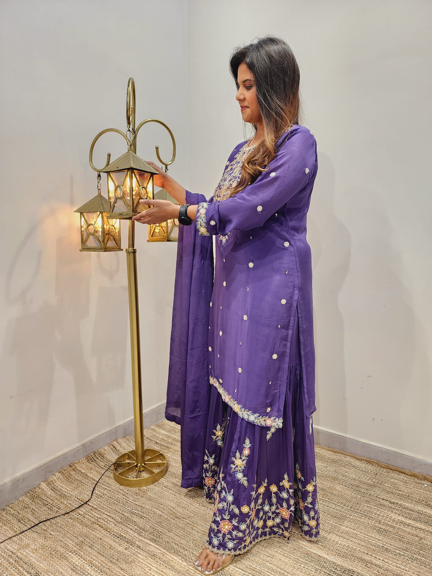 ARDAS PURPLE EMBROIDERED CHINON GARARA SET