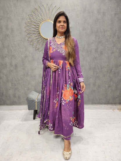 SANIYA PURPLE FLORAL ANARKALI SUIT WITH PANT