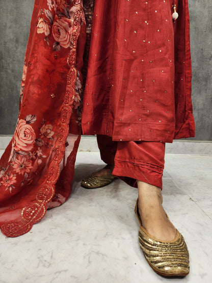 KARISHMA ANGRAKHA BRICK RED ANARKALI SUIT WITH FLORAL DUPATTA