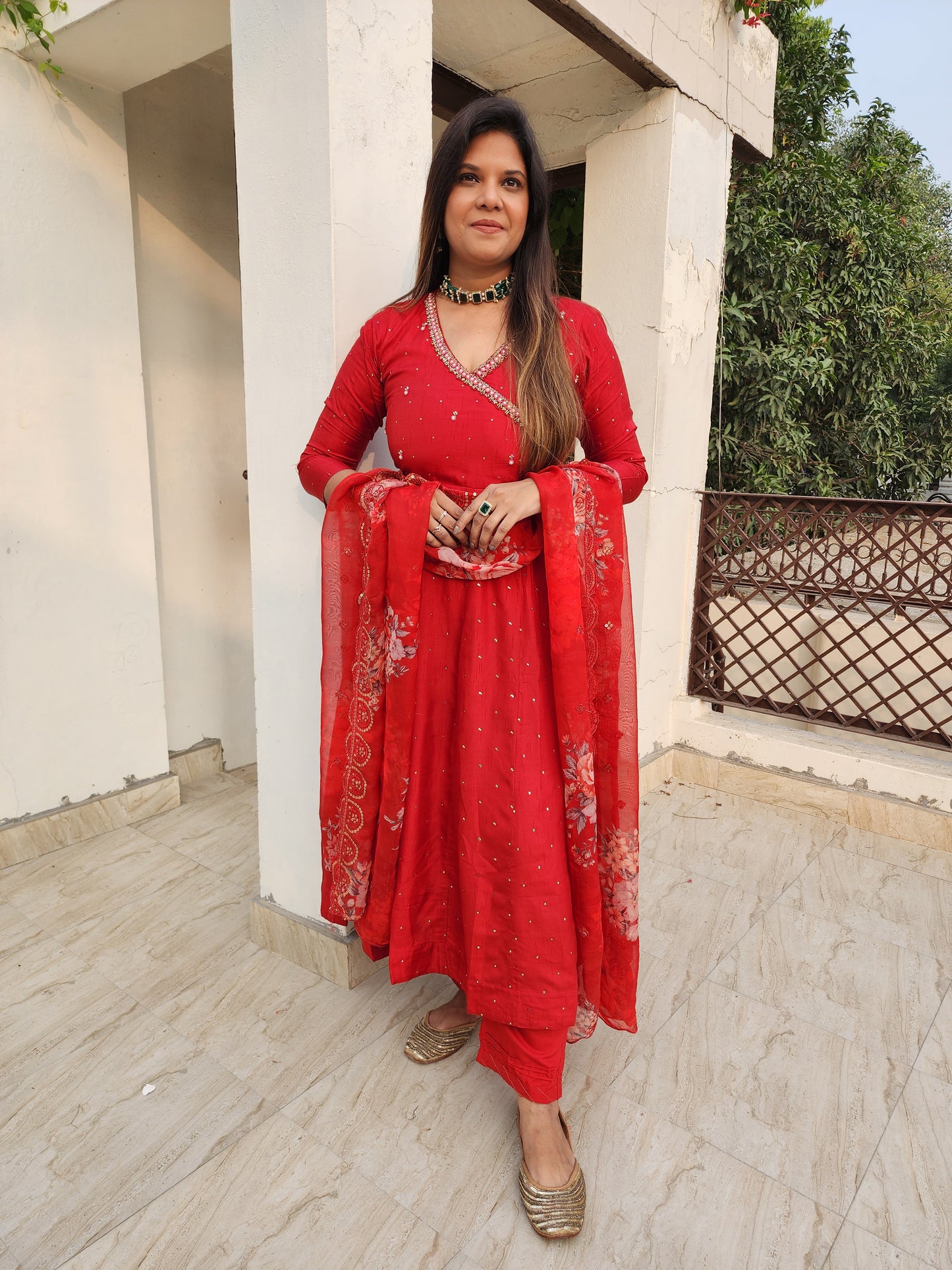 KARISHMA ANGRAKHA BRICK RED ANARKALI SUIT WITH FLORAL DUPATTA