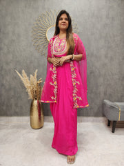 HOTPINK EMBROIDERED CAPE COWL DRESS