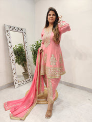 PEACHY PINK SHORT ANARKALI WITH GOTAPATTI TULIP PANT
