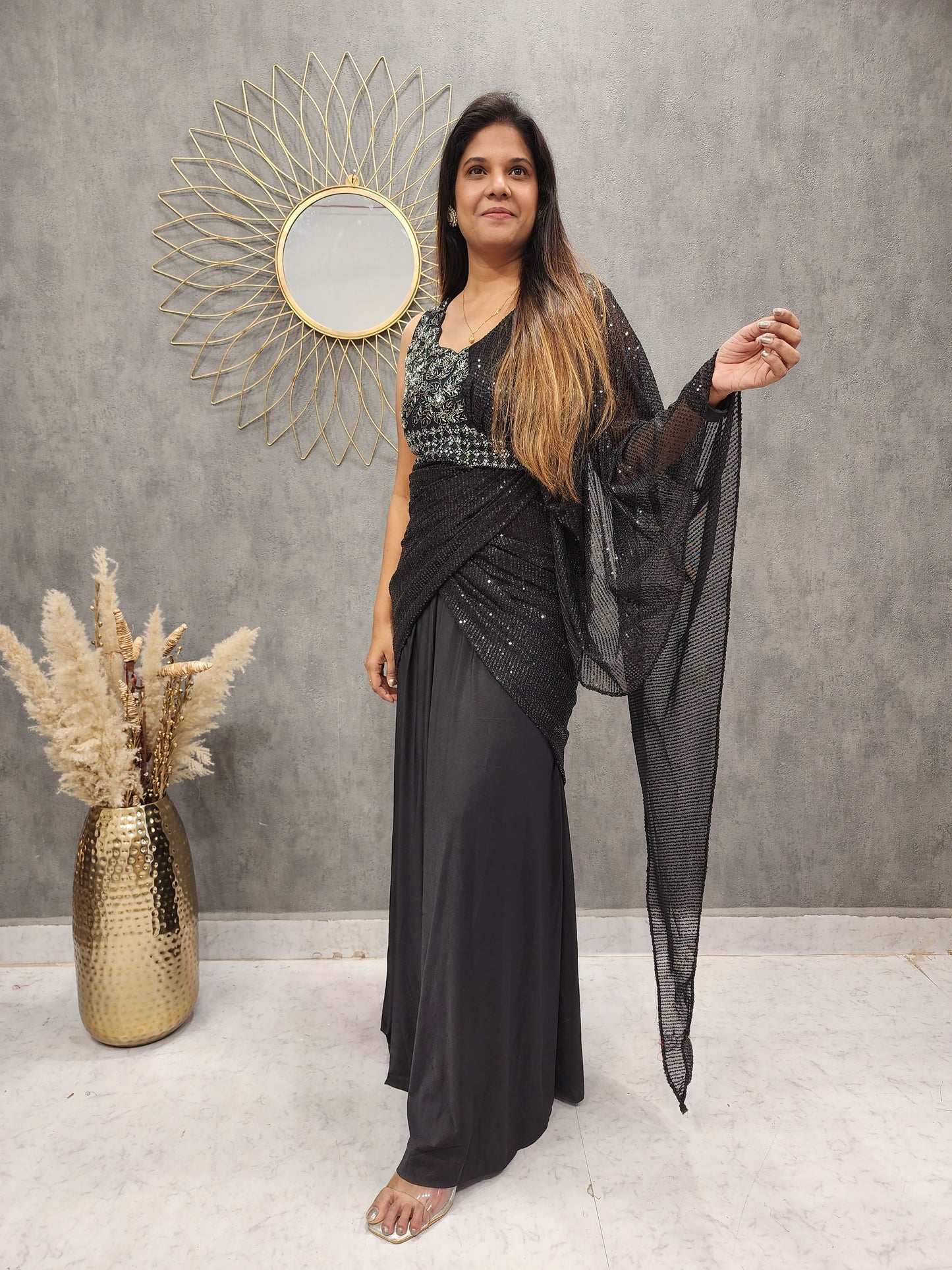 BLACK DRAPE SEQUENCE GOWN CUM SAREE