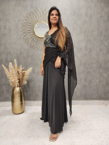 BLACK DRAPE SEQUENCE GOWN CUM SAREE