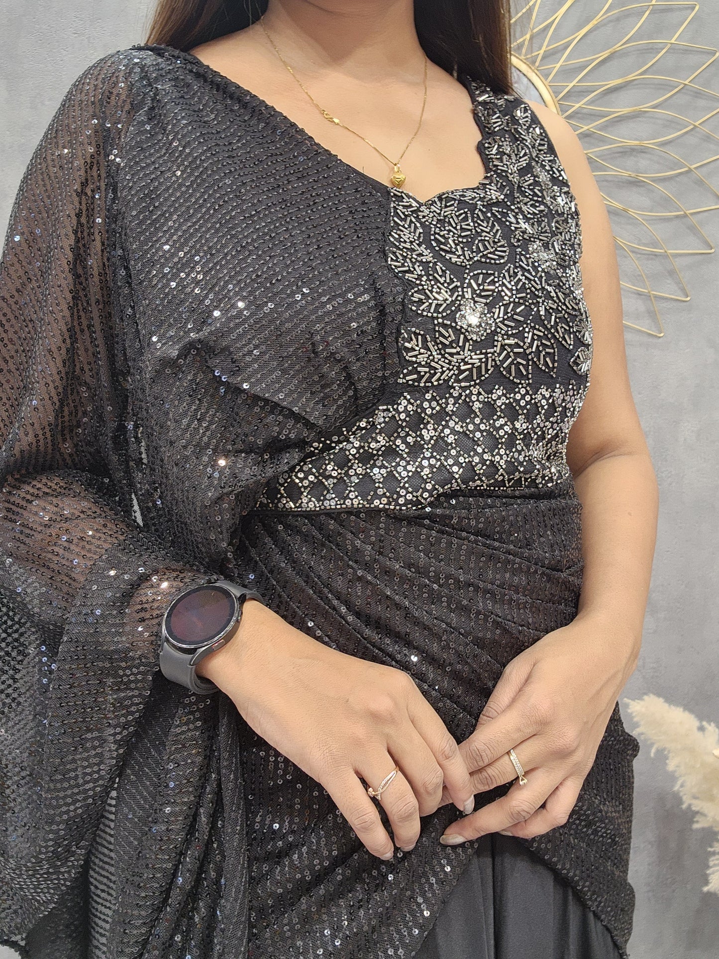 BLACK DRAPE SEQUENCE GOWN CUM SAREE