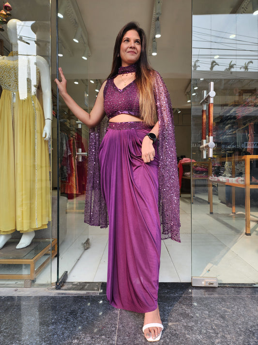 Beads wine cowl saree with cape