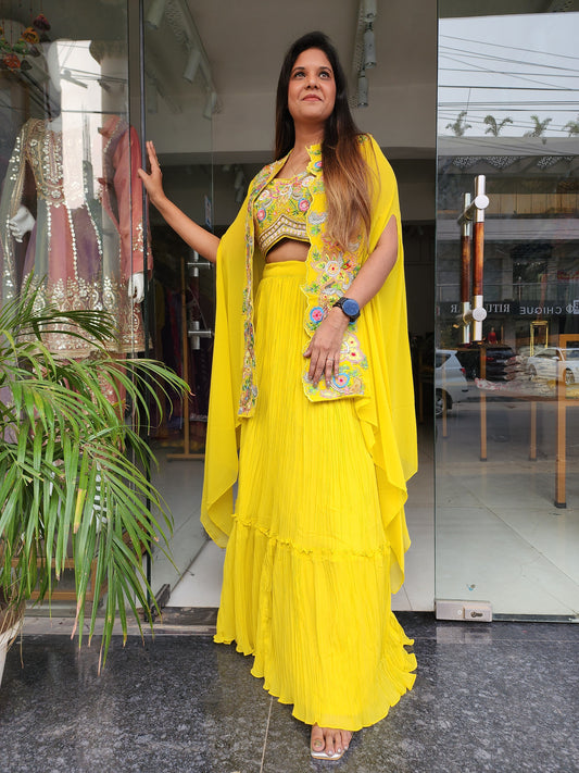 YELLOW EMBROIDED 3PC INDO-WESTERN DRESS