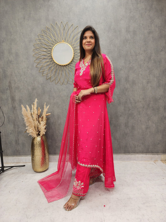ELEGANT HIGH LOW EMBROIDERED CHERRY PINK DRESS